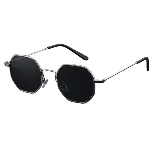 Sunglasses with hexagonal lenses on a dark gray background