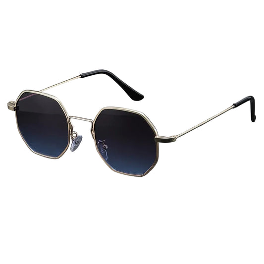 Sunglasses with gold frame and dark lenses on a gray background
