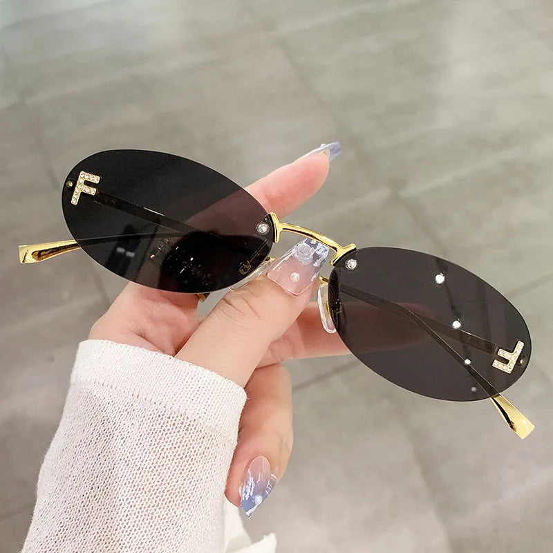 Diamond-Detail Rimless Oval Sunglasses