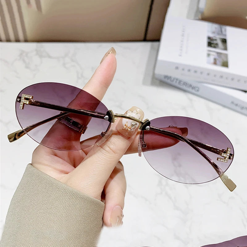 Diamond-Detail Rimless Oval Sunglasses