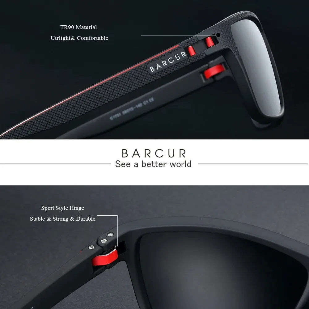 BARCUR Lightweight TR90 Rectangular Polarized UV400 Sunglasses - Black Gray