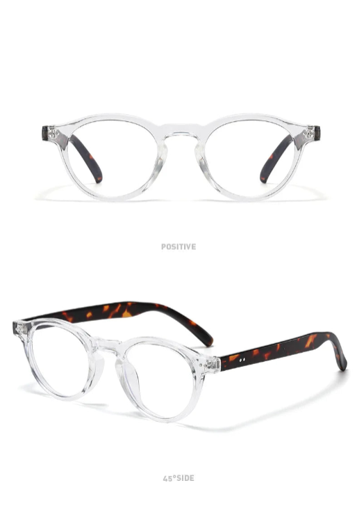 Two views of transparent round-frame eyeglasses with blue light blocking technology, shown on a white background with a black header reading 'TRANSPARENT - ANTI BLUE LIGHT'. The top view shows the front at 0 degrees, and the bottom view shows the side at 45 degrees.