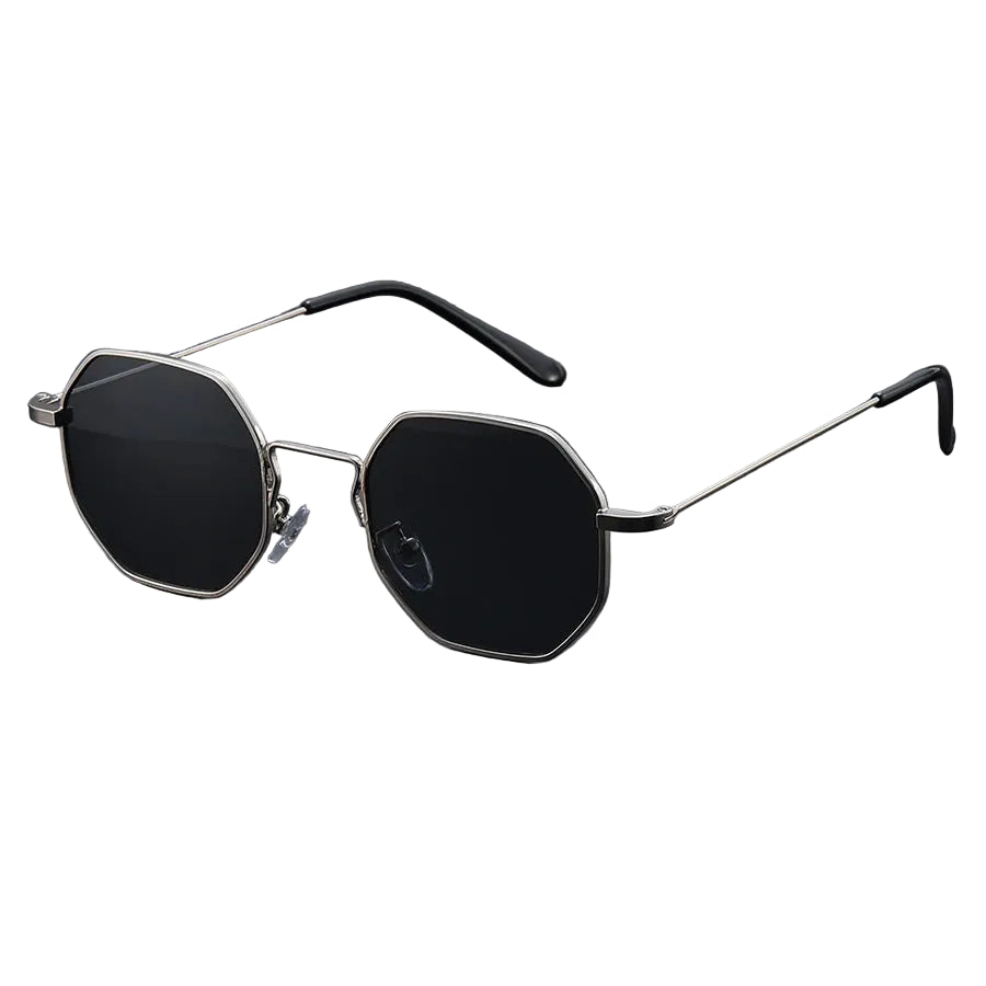 Sunglasses with hexagonal lenses on a dark gray background